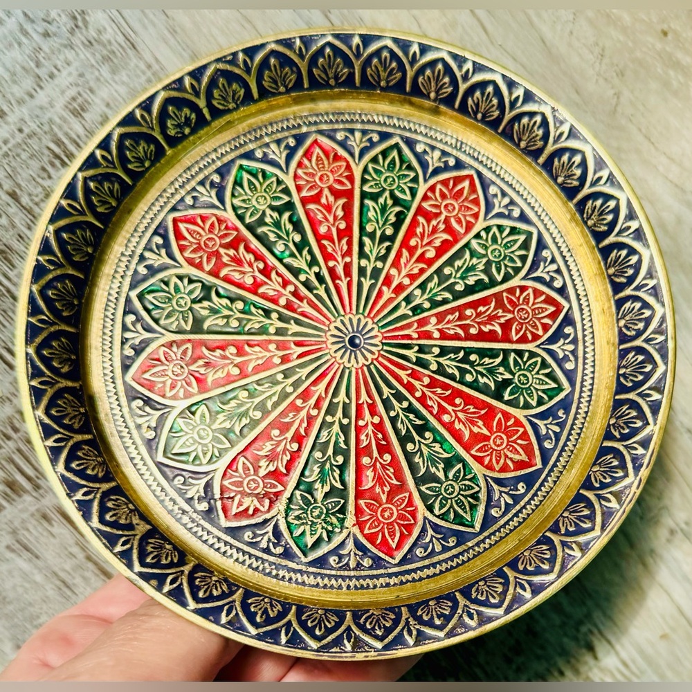 Vintage 5" Copper Metal Plate Hand Painted Geometric Pattern